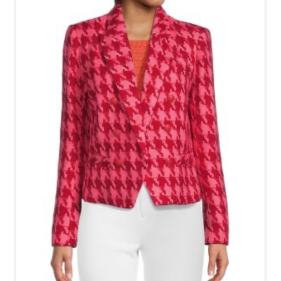 L'Agence Brooke Tweed Pink and Red Houndstooth Cropped Blazer - Picture 2 of 10